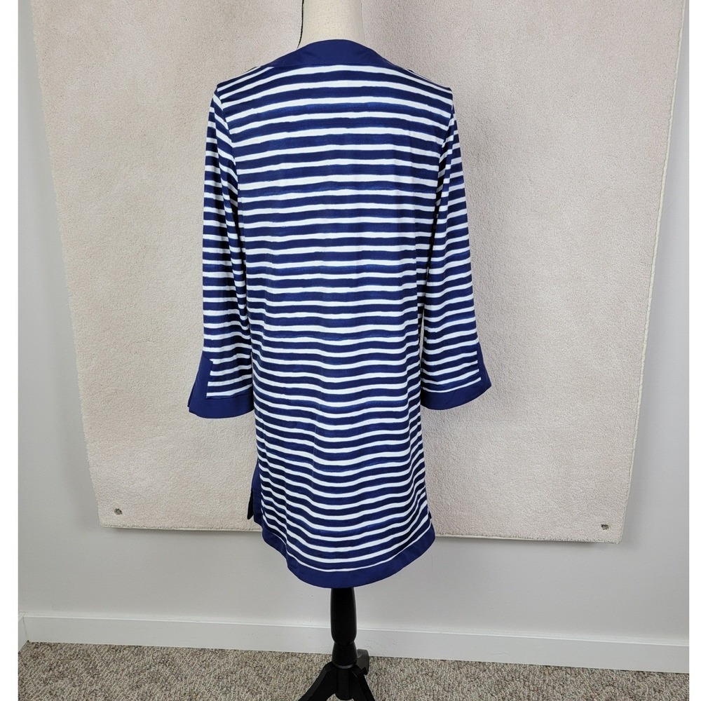 Aqua et Sol Striped Tunic Dress Women L Navy Blue White Split V-Neck Travel - Picture 3 of 12
